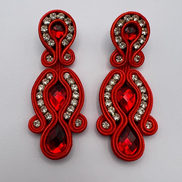Romantic Red Elegant Dangle Earrings - Soutache Wedding Earrings - Glam Earrings - Picture 1 of 10